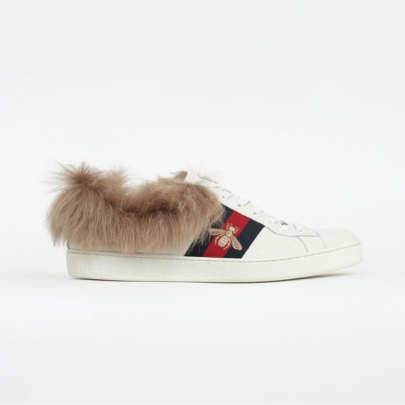 Gucci Shoes Ace Web Fur Lined Sneakers White 11 - Picture 2 of 4